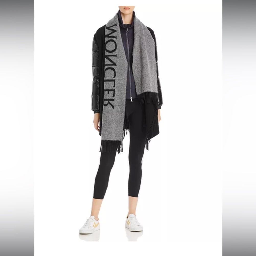 Moncler Mantella Logo Scarf Down & Wool Coat- Black